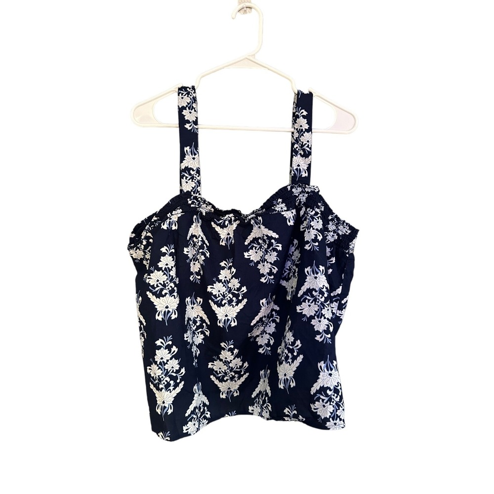 J Crew Blue Floral Tank Top Squareneck Smocked Size XXL Womens